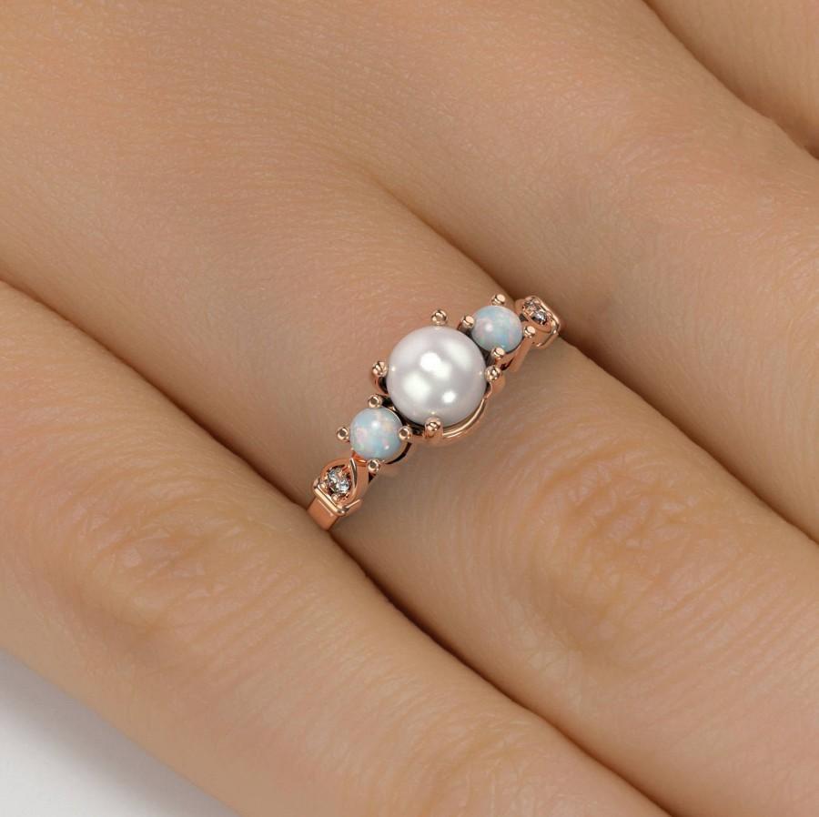 Wedding - Pearl engagement ring 14k rose gold pearl and opal pearl and Diamond October birthstone ring 3 stone ring