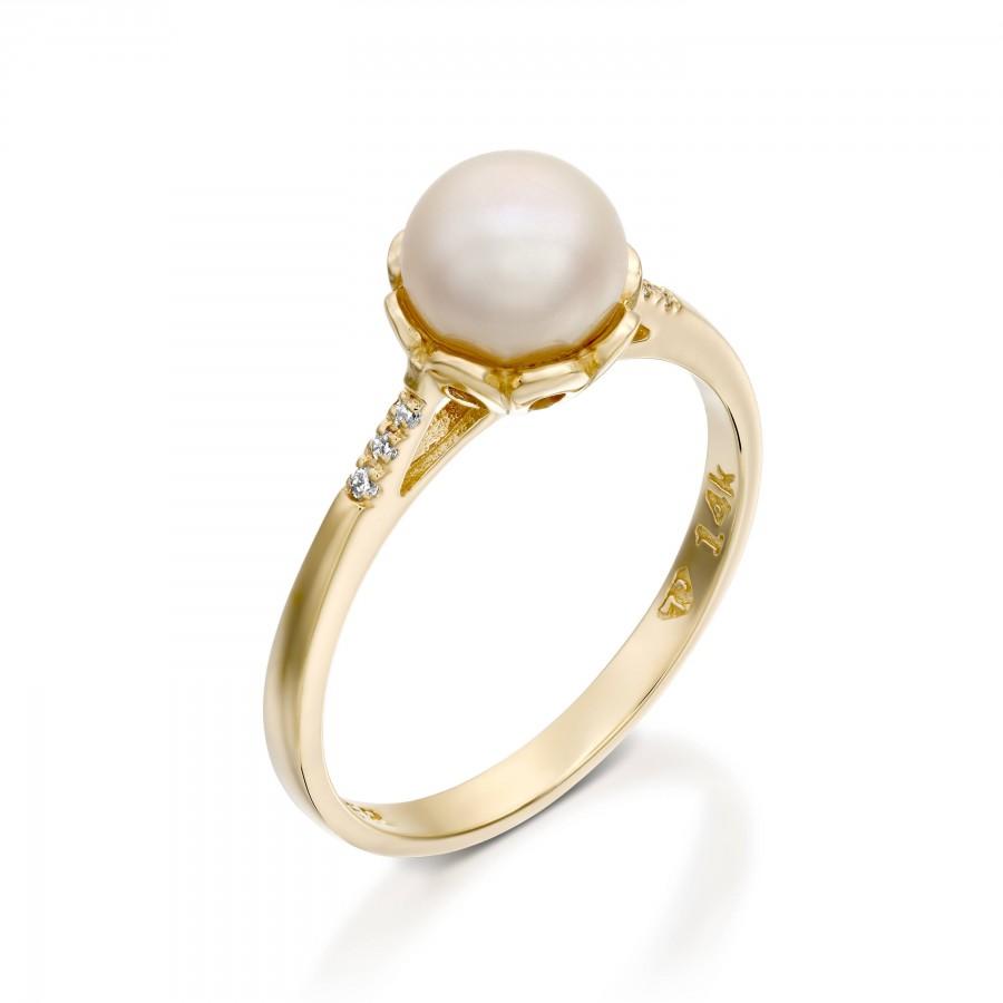 Wedding - pearl engagement ring, 14k gold pearl ring, White Pearl Ring, Diamond Pearl Gold Ring, Pearl Wedding Ring, pearl bridal ring sets