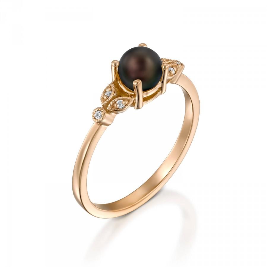 Wedding - Black Pearl Engagement Ring, Pearl Wedding Ring, 14k gold pearl ring, diamond pearl ring, black Tahitian pearl rings, Black Pearl Ring, Gift