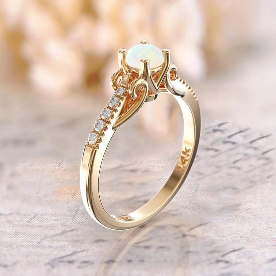 Wedding - Opal Engagement Ring Opal And Diamond October Birthstone Ring 14k Rose Gold Art Deco Women's Promise Ring 5mm White Opal