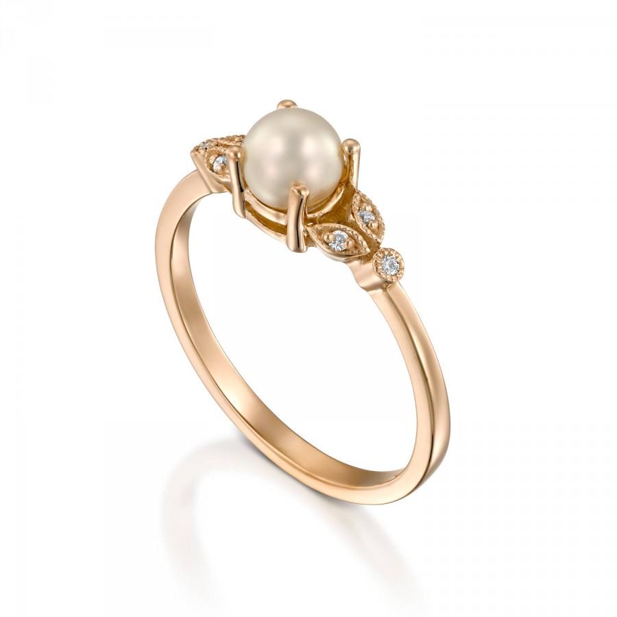 Hochzeit - Pearl Engagement Ring 14k Rose Gold pearl and diamond ring 3 stone diamond side Thin delicate Leaves