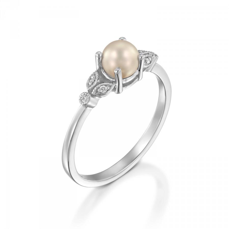 Mariage - Pearl Engagement Ring white Gold Vintage Unique Antique Art Deco Inspiration 14k gold Wedding Diamond minimalist Bridal Women Promise gift