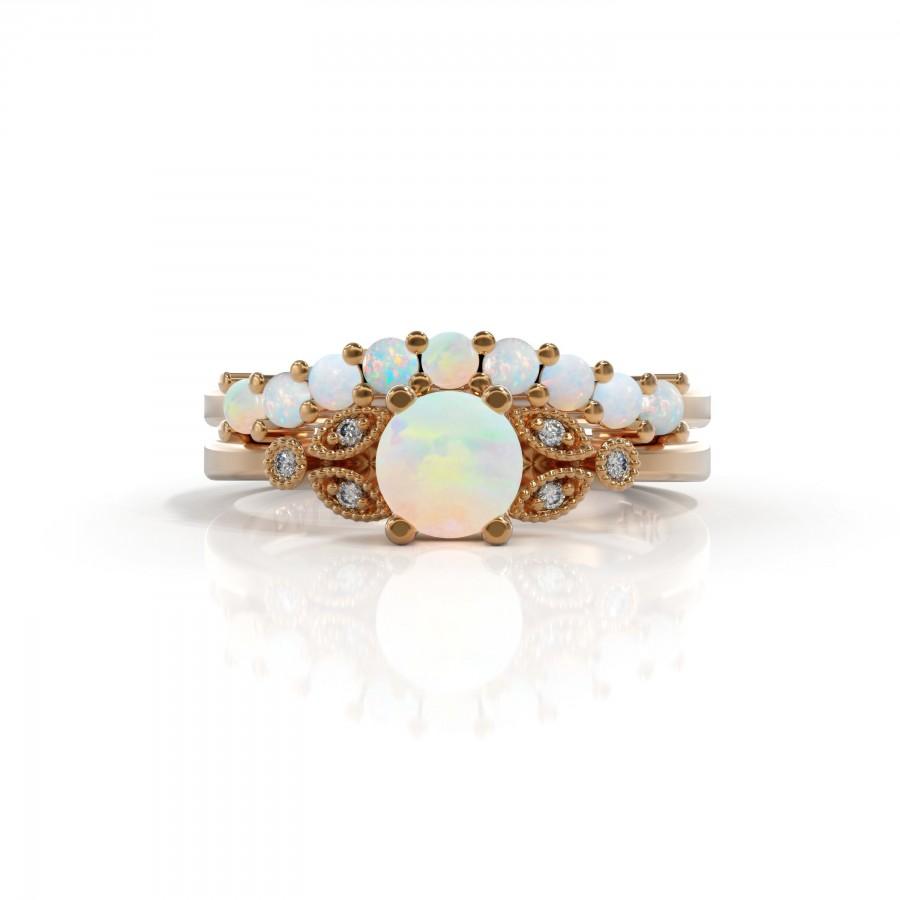 Wedding - Set Opal engagement ring opal and diamond October birthstone 14k rose gold  gold 2mm Matching Wedding Band Women