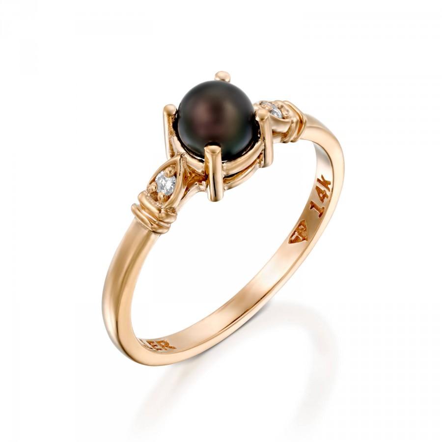 Wedding - Black Pearl Engagement Ring, Pearl Wedding Ring, Rose Gold Engagement Ring, Vintage Style Ring, Unique Engagement Ring, Wedding Ring Diamond