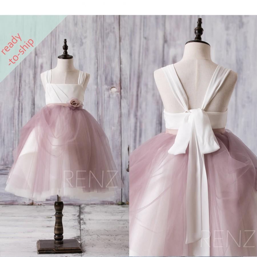 Свадьба - Ready-to-Ship Flower Girl Dress Off White Dark Mauve Junior Bridesmaid Dress Tulle Paty Dress A-Line Short Puffy Dress Tutu Dress -ZK083