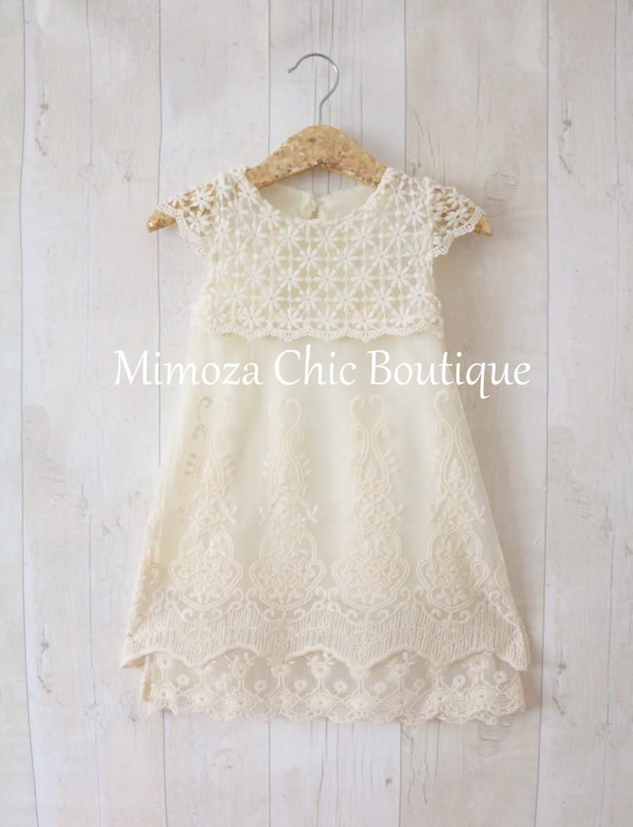 Mariage - Rustic Flower Girl Dress, Girl Lace Dress, Country Lace Dress, Cream Lace Dress, Rustic flower girl dress, cream lace dress, Shabby chic