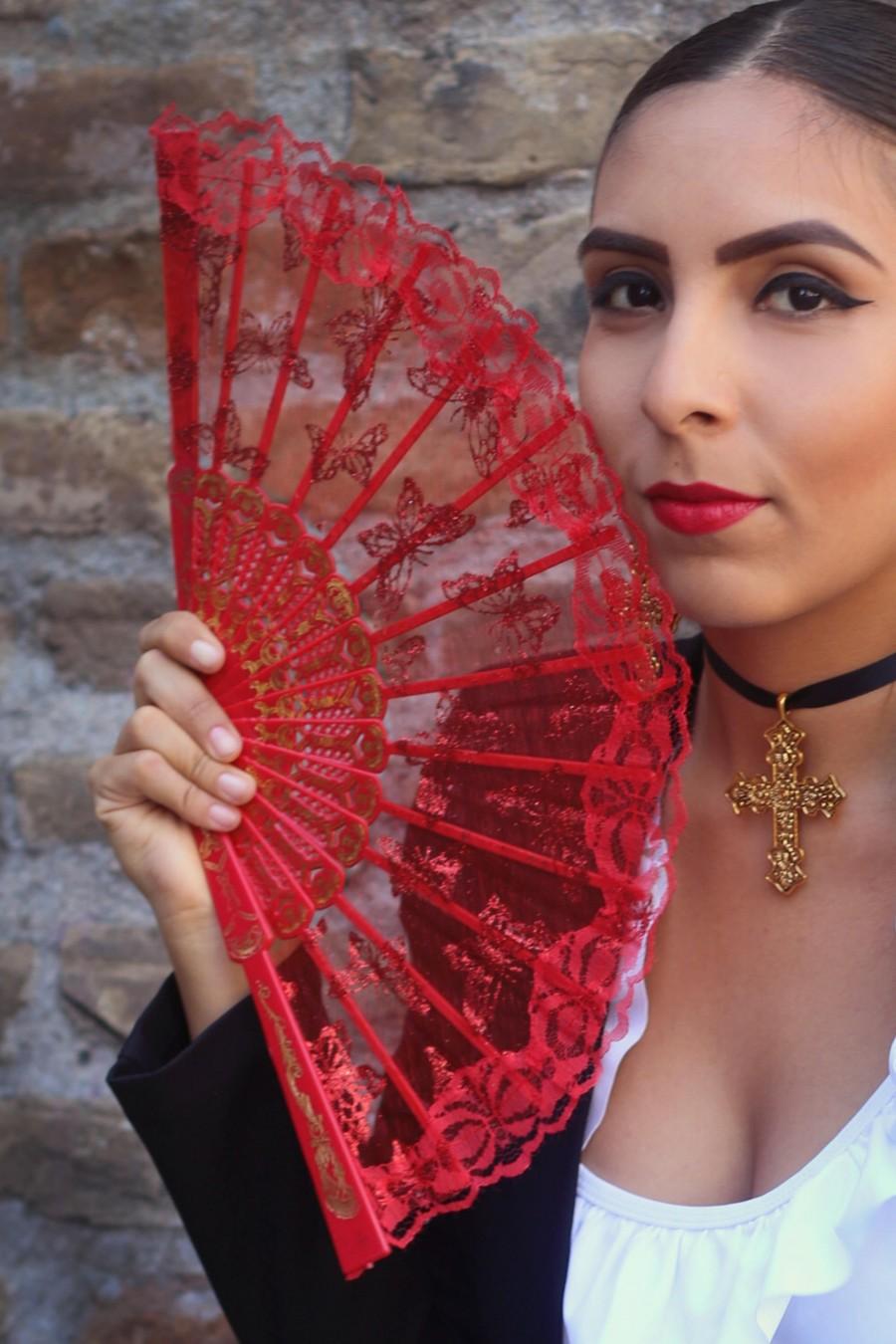 Mariage - Red Butterfly Hand Held Fan (Butterflies Glitter Bride Bridal Accessory Performer Dancer Bridesmaid Spanish Victorian Wedding Costume Fairy)