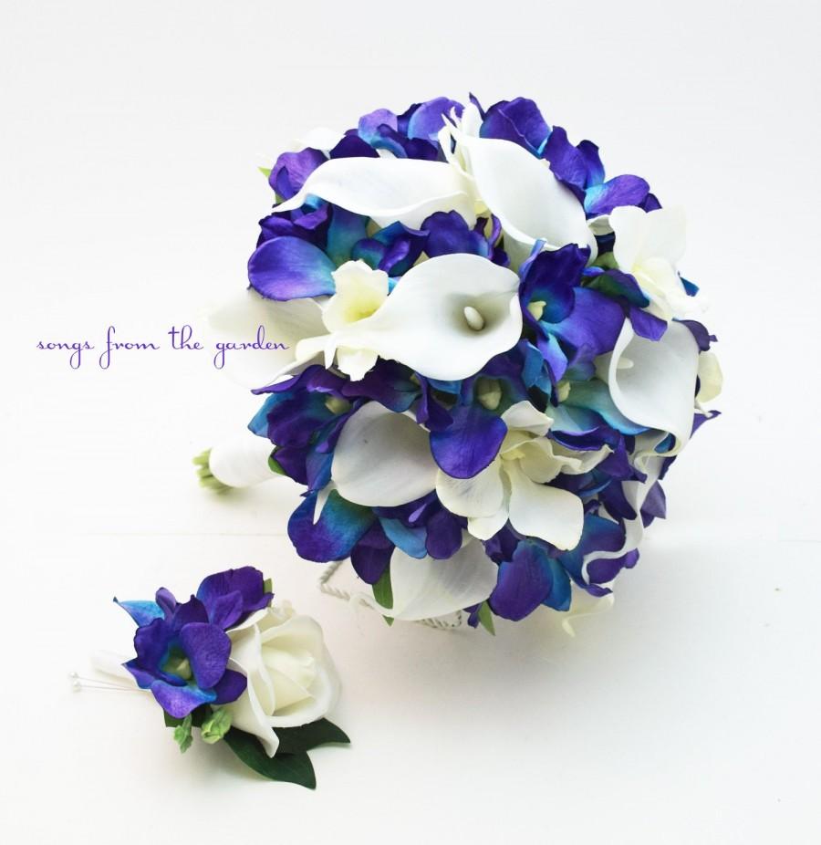 Hochzeit - Blue Orchid White Calla Bridal or Bridesmaid Bouquet - add a Groom's or Groomsman Boutonniere - Blue White Wedding Flower Bouquet