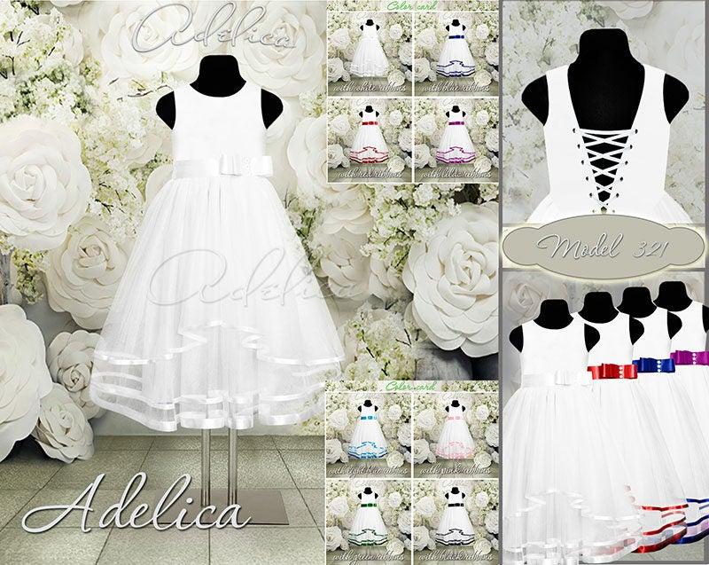 زفاف - White Tea length layered Tulle Flower Girl Dress Wedding Bridesmaid Dress with color Bow Belt and ribbons Birthday Wedding Party Bridesmaid