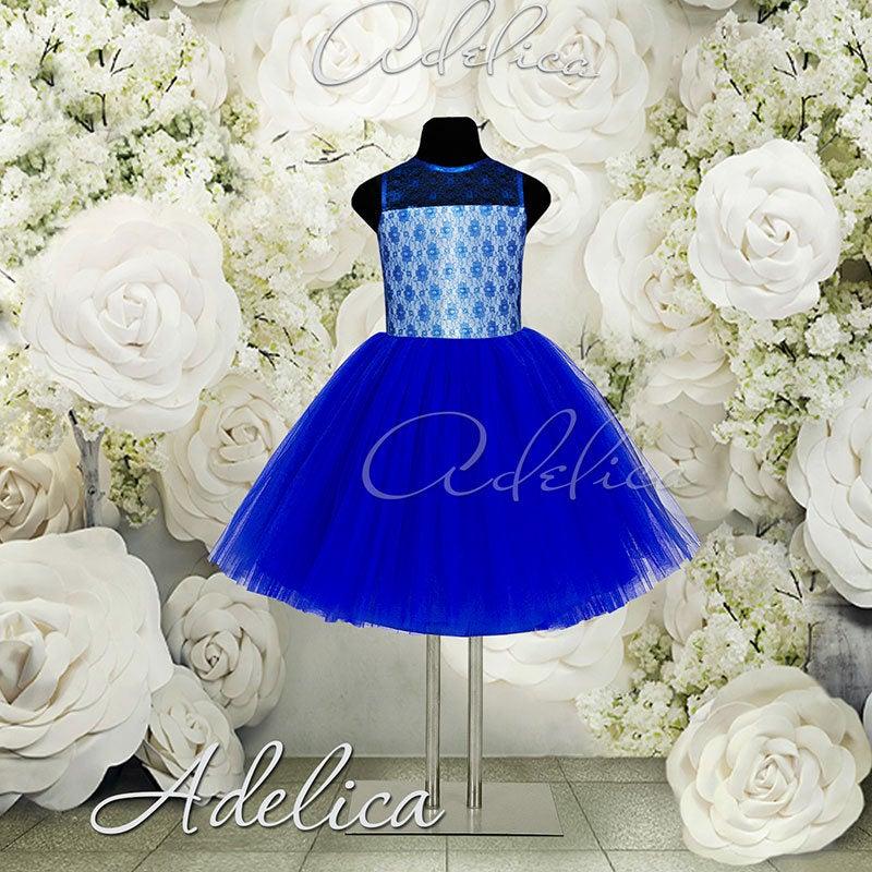 Mariage - Blue Knee length Tulle Lace Flower Girl Dress Stunning Birthday Wedding Party Holiday Royal Blue Flower Girl Tulle Lace Dress E20-212