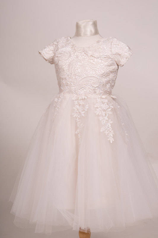 Hochzeit - Pure Elegant sleeve laced Ivory white flower girl dress with gorgeous Satin buttons.
