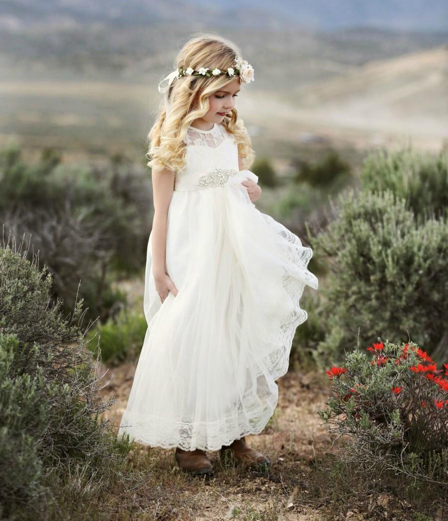 Hochzeit - Ivory flower girl dress, Tulle Flower girl dress, Rustic Lace  flower girl dress , Boho  Flower girl lace dress,Flower girl dresses,