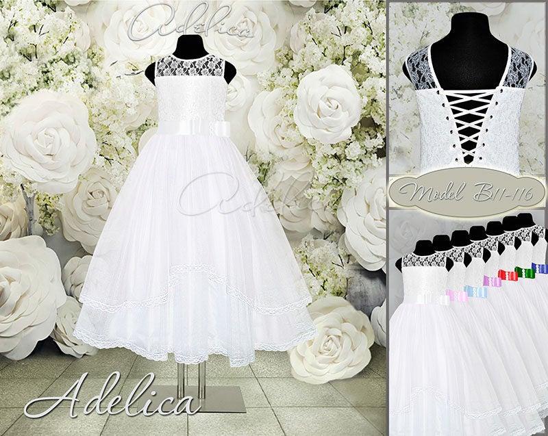 Wedding - White Layered Tea length Tulle Lace Flower Girl Dress - Holiday Bridesmaid Birthday Wedding Party White Flower Girl Tulle Dress B11-116
