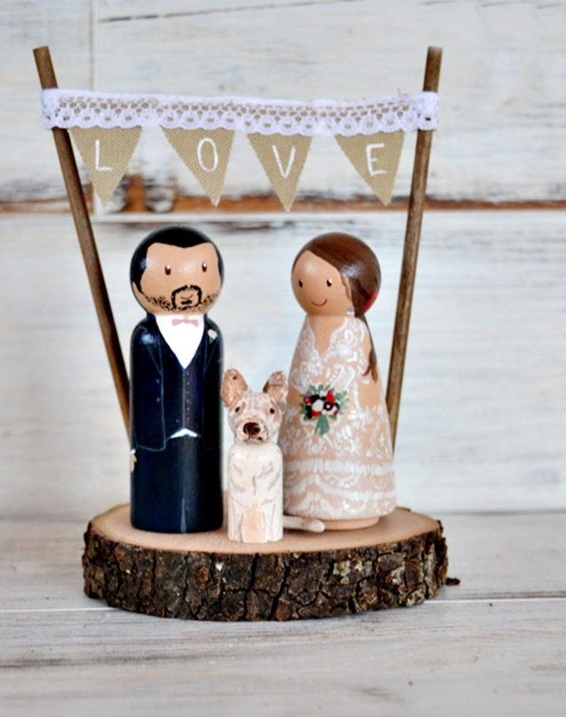Hochzeit - Rustic Wedding Cake Topper Dog on Stand, Personalized Cake Topper Figurines Pet, Peg Doll Dog or Cat.