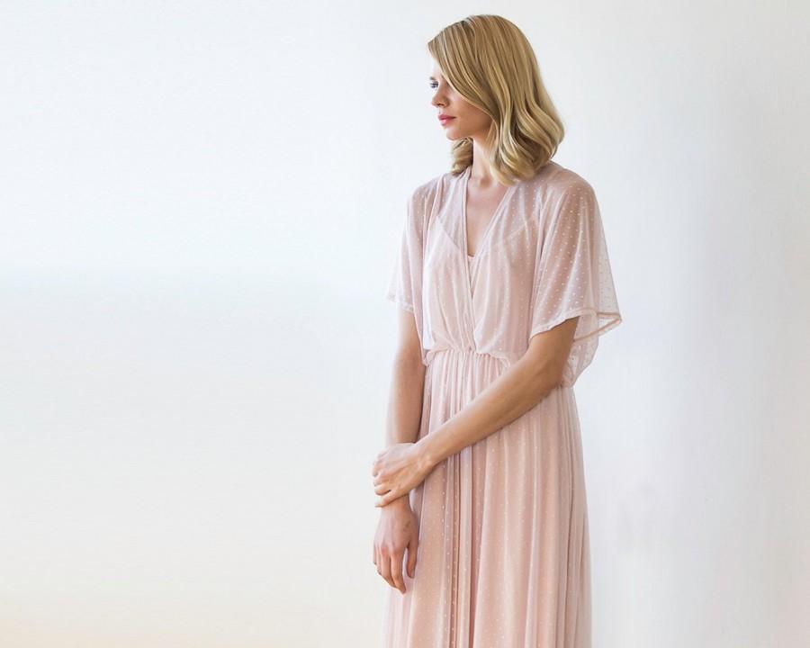 زفاف - Pink dots chiffon sheer maxi dress, Chiffon blush dress with bat-wings sleeves 1047