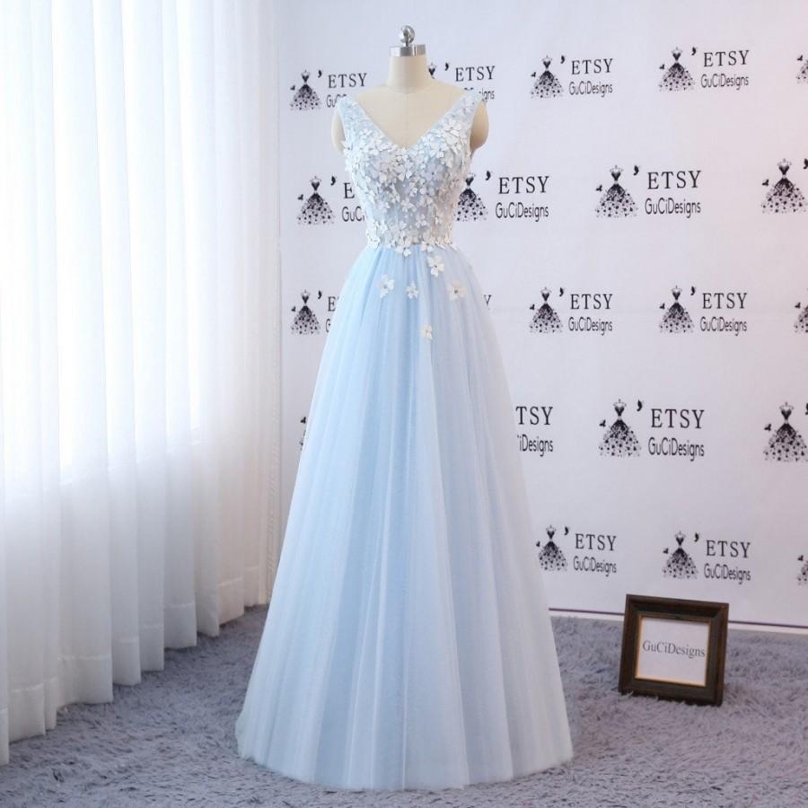 Mariage - Prom Evening Dress Long White Blue Sleeveless Women Formal Party DressSpecial Occasion Dress Lace Flower Girl Bridesmaid Junior Dress Corset