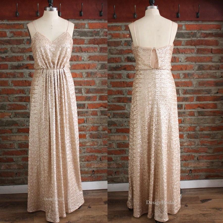 Mariage - Sequin Bridesmaid Dress, Maxi Party Dress, Formal Dress for Wedding, Spaghetti Strap Dress, Rose Gold Sequin Dress, Sweetheart Ruched Dress
