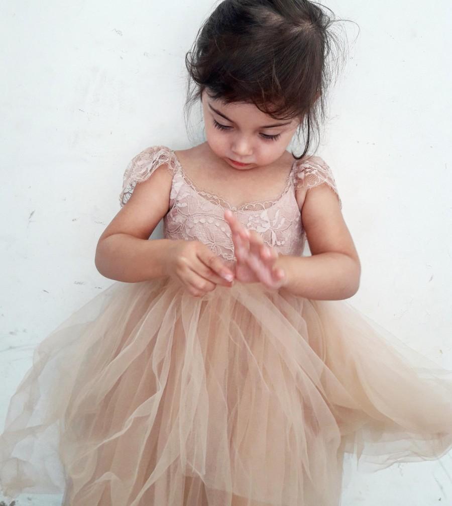 Hochzeit - Dusty Coral Blush "Raspberry Field" Flower Girl Dress French Lace and Silk like Tulle Dress for baby girl