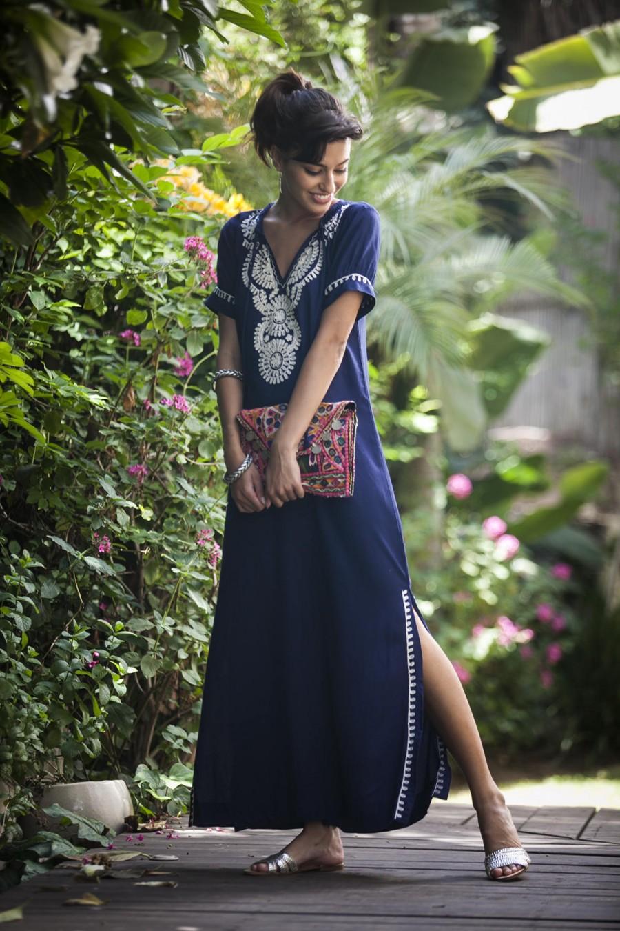 Mariage - Dark Blue Kaftan Dress, Boho Moroccan Caftan, Ethnic Embroidery Maxi Dress, Hippie Abaya Oversize Women's Dress, Plus size Long Batya Dress