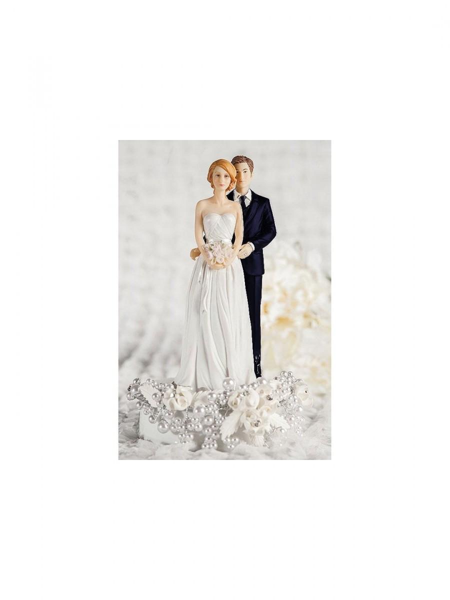 Hochzeit - Rose Pearl Bride and Groom Wedding Cake Topper - Custom Painted Hair Color - Groom in Navy Suit - 101120/21