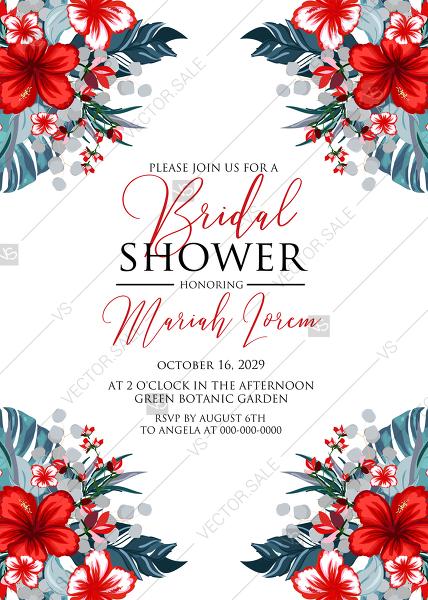 Свадьба - Bridal shower wedding invitation set tropical palm leaves hawaii aloha luau hibiscus flower PDF 5x7 in invitation maker