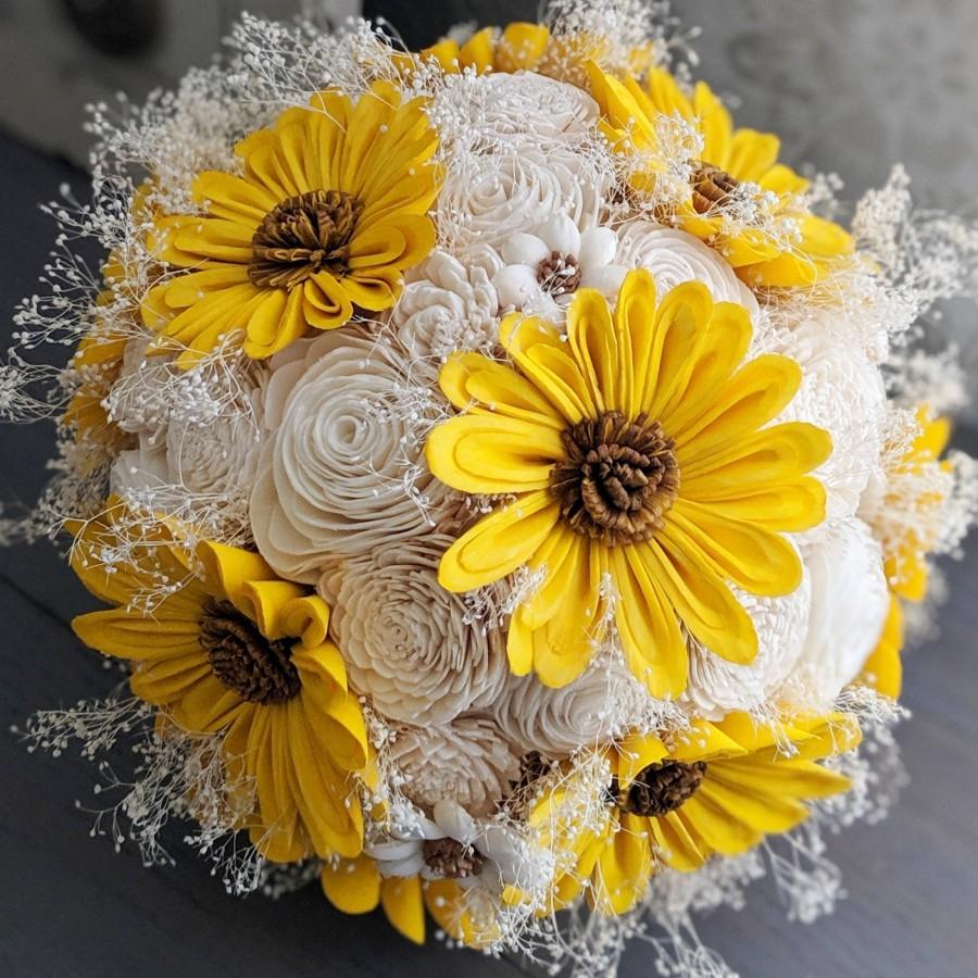 زفاف - Sunflowers with Raw/Ivory Sola Wood Flower Bouquet with Babys Breath - Bridal Bridesmaid Toss