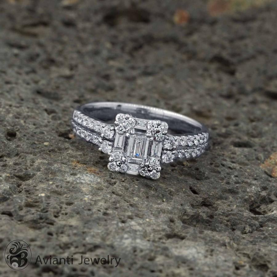 Wedding - Engagement Ring, Baguette Engagement Diamond Ring, Square Center Stone Ring, Diamond Halo with Baguette center, Split Shank Ring 