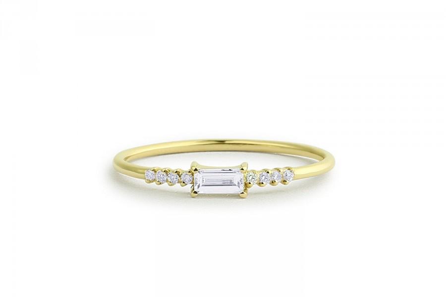 Hochzeit - Diamond Baguette Ring / Baguette Diamond Engagement Ring in 14k Gold / Thin Simple Delicate Minimalist Baguette Solitaire Diamond Gold Ring