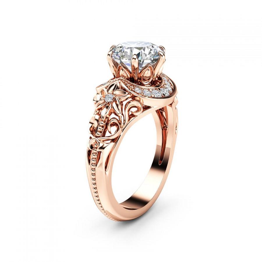 زفاف - Nature Inspired Moissanite Engagement Ring 14K Rose Gold Halo Ring Moissanite Floral Engagement Ring