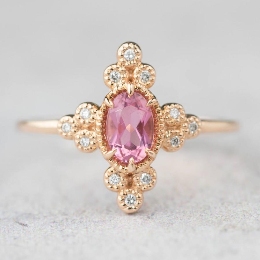 Hochzeit - 14k rose gold pink tourmaline diamond engagement ring, alternative engagement ring, delicate unique engagement ring, pink diamond engagement