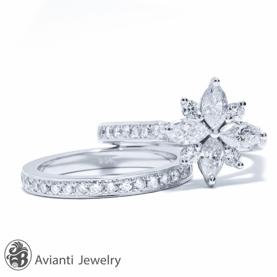 Wedding - Diamond Ring, Marquise Diamond Ring, Flower Diamond Wedding Set, Diamond Engagement Ring Set, Diamond Flower Wedding Band 