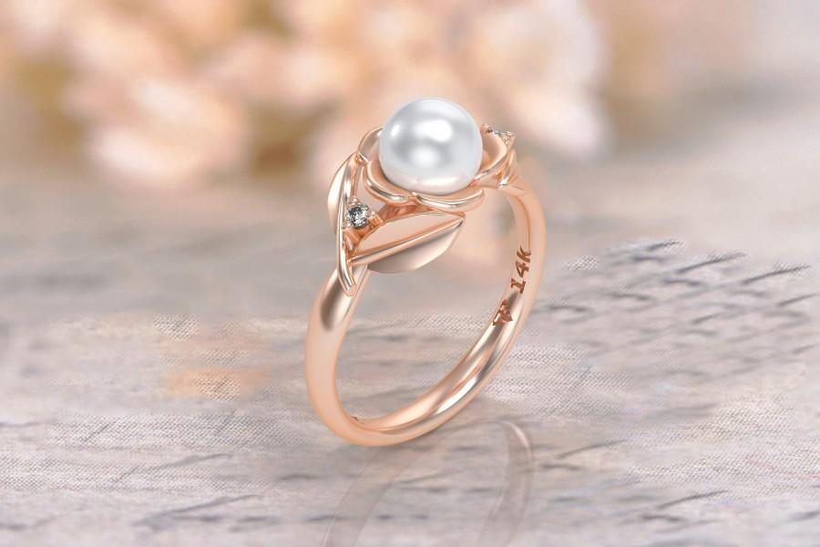 زفاف - 14k Rose Gold Engagement Ring, Floral Ring, Pearl Engagement Ring, Diamond Engagement Ring, Dainty Ring, Pearl Jewelry, 14k Gold Ring, gift