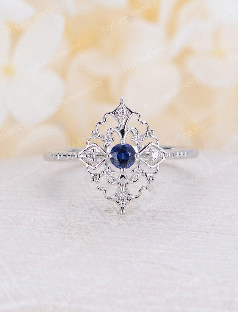 زفاف - Art deco engagement ring Vintage Sapphire engagement ring White gold Unique Diamond wedding women Floral Bridal Anniversary gift for her