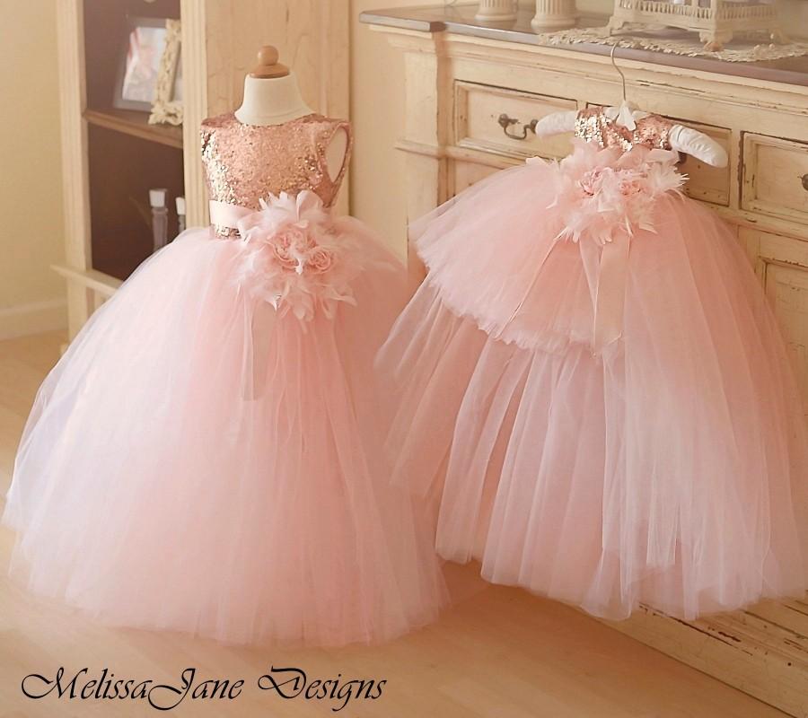 Mariage - Blush Rose Gold Flower Girl Dress Tulle Full Length or high Low style