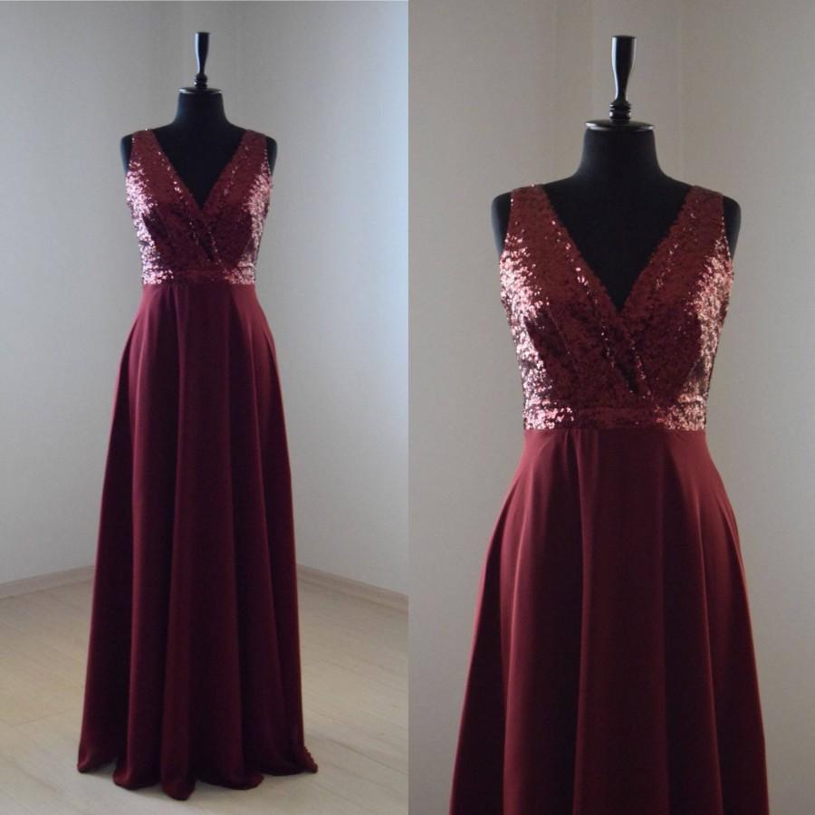 Mariage - Handmade Charming Chiffon With Top Sequin Bridesmaid Dress, Burgundy, Sleeveless Full Length Sequin Evening Prom Dress, Wedding Party