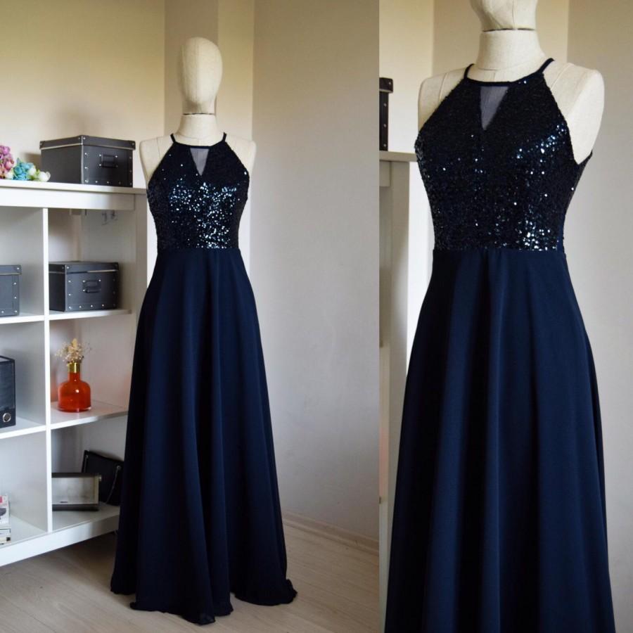Mariage - Custom Made Charming Chiffon With Top Sequin Navy Blue Bridesmaid Dress, Sleeveless Full Length Sequin Evening Prom Dress, Wedding Party