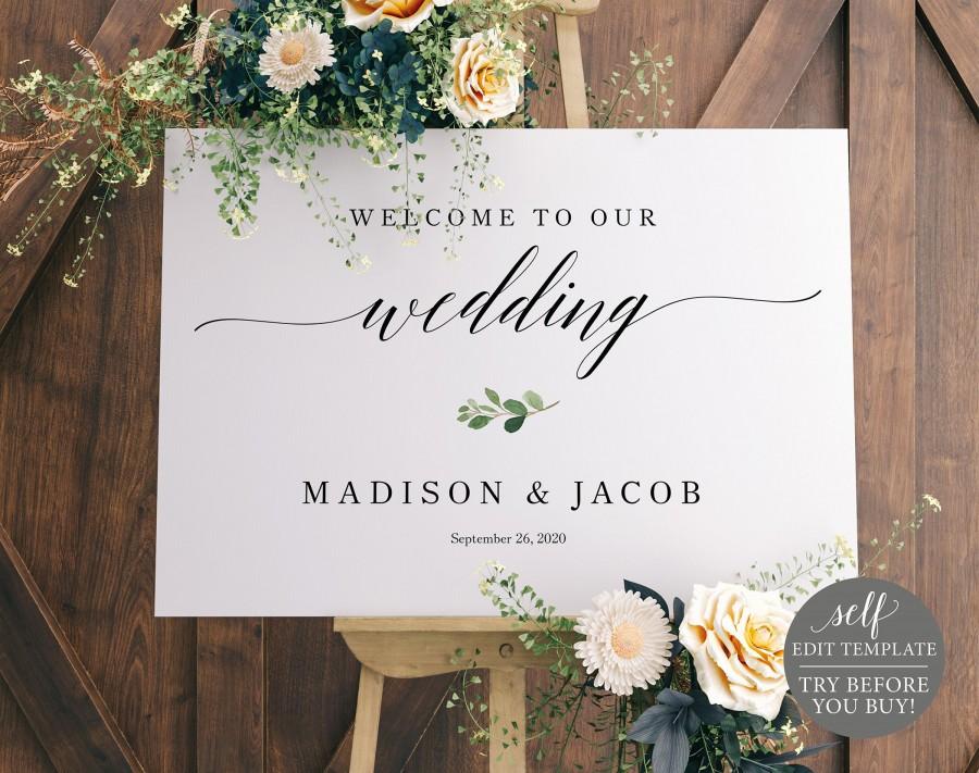 Wedding - Welcome Sign Template, TRY BEFORE You BUY, Wedding Sign Printable, Self-Edit, Instant Download, Greenery