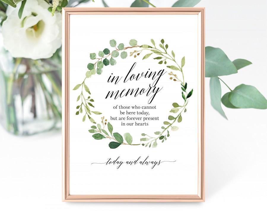 Wedding - Greenery Wedding In Loving Memory Sign Template, Wedding Memorial Sign, Printable In Memory Sign Template, PDF Instant Download, MM07-1