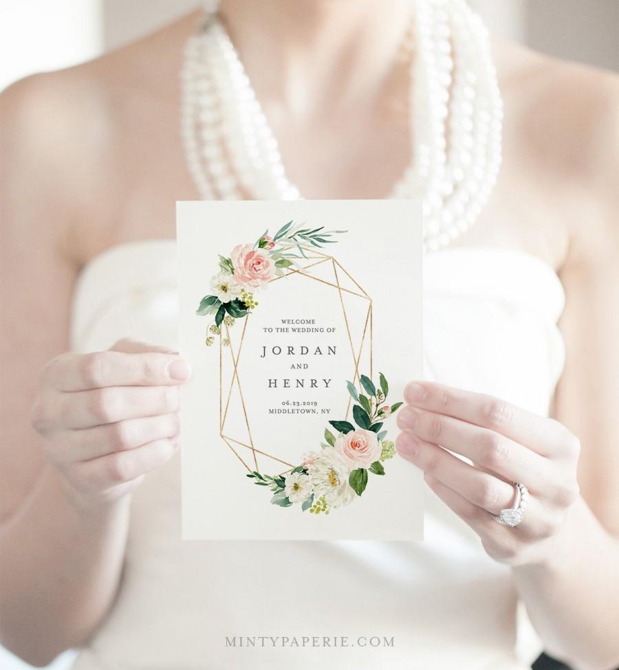 Свадьба - Folded Wedding Program Template, INSTANT DOWNLOAD, Order of Service, 100% Editable, Blush, Peach & Gold Floral, Boho Wedding  #043-118WP