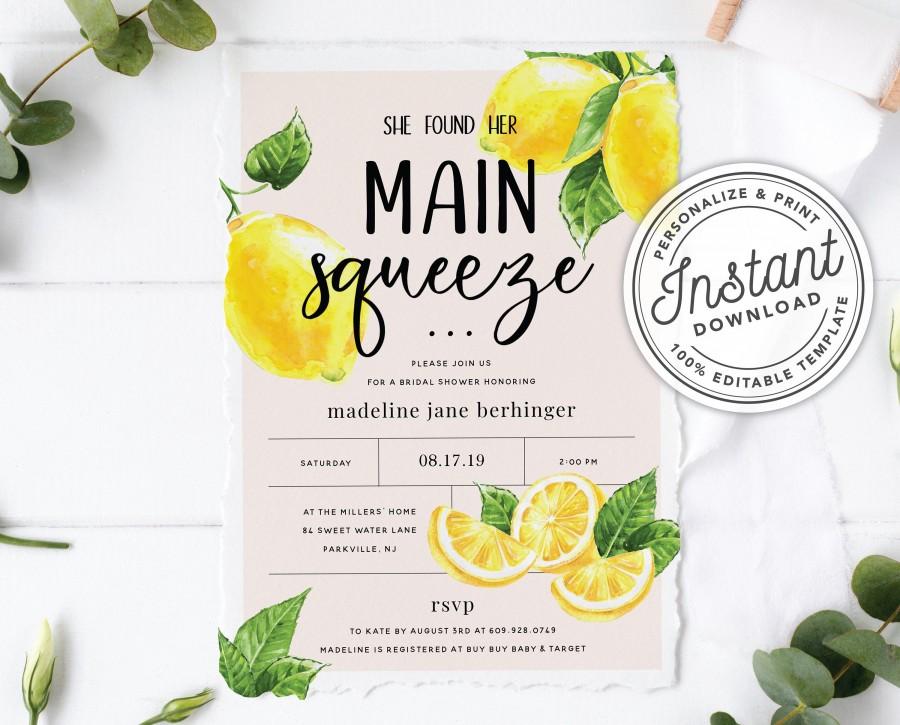 Свадьба - She Found Her Main Squeeze Bridal Shower Invitation with Lemon Citrus Watercolor • INSTANT DOWNLOAD • Printable, Editable Template