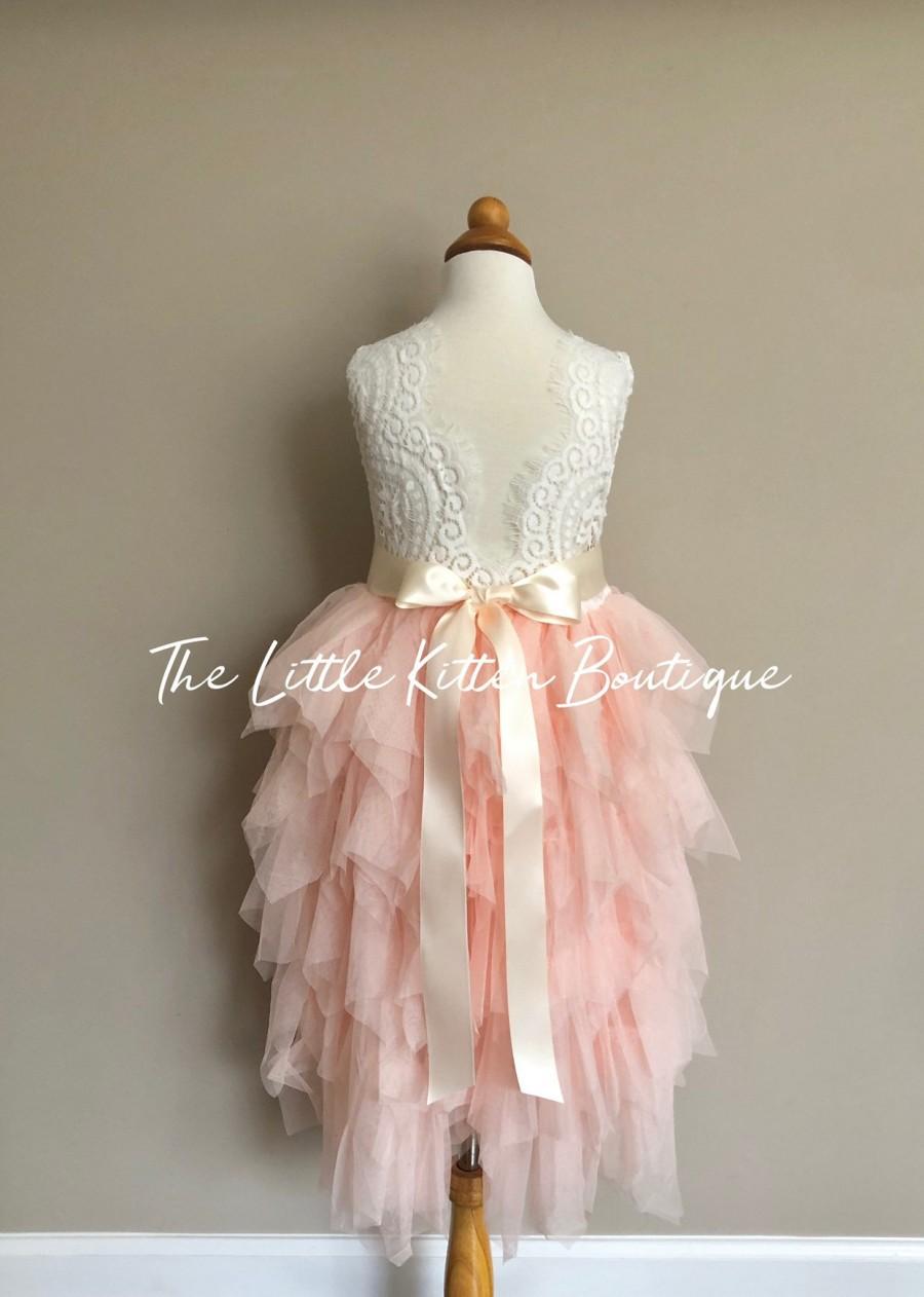 Свадьба - Flower Girl Dress,  Ivory, Pink, Tulle, white lace, blush, junior bridesmaid dresses, Boho, Tutu, bridesmaids, birthday dress, sash, bridal