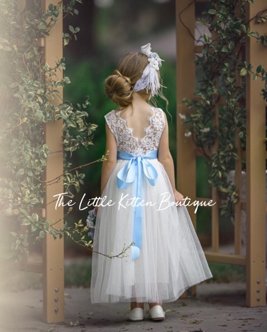 Hochzeit - Ivory flower girl dress, tulle Flower Girl dress, rustic white lace flower girl dress, Rustic flower girl dress, Navy blue flower girl dress