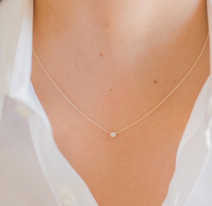 Hochzeit - 14k gold bezel diamond necklace, solitaire necklace 0.10 carat