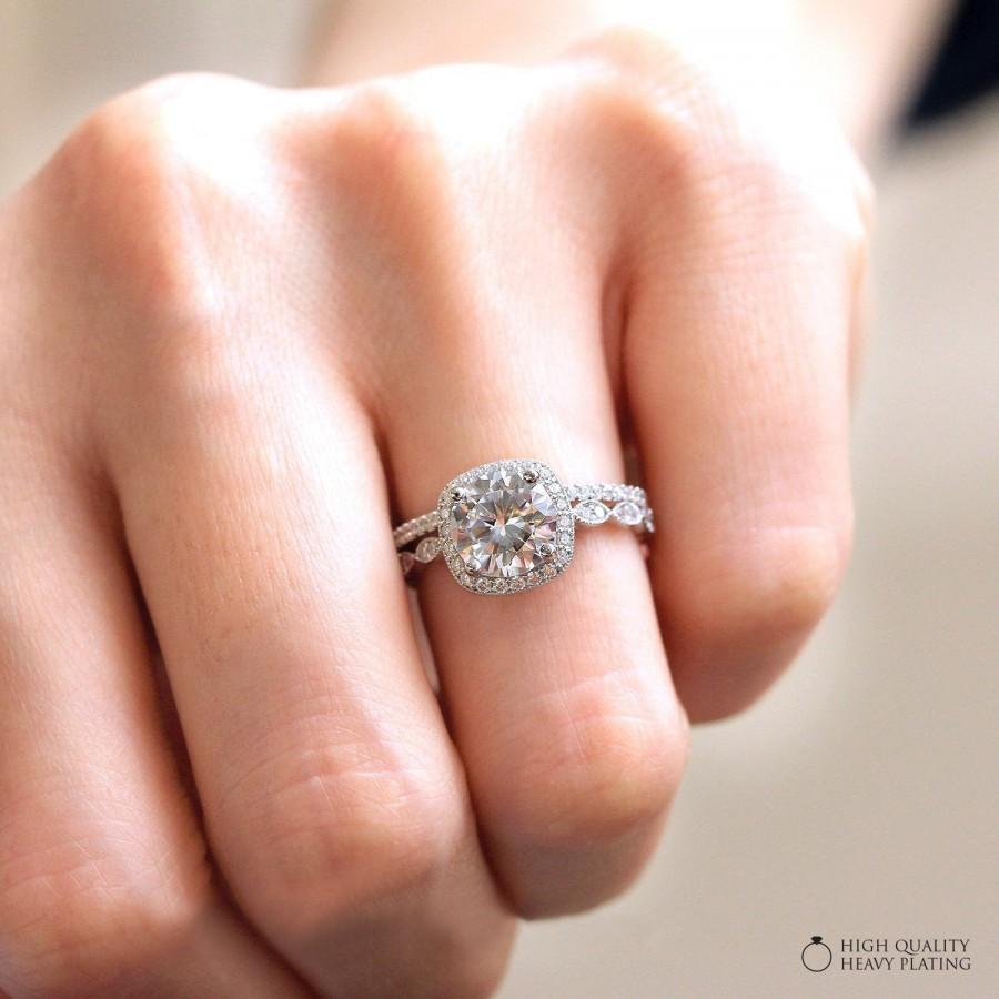 Hochzeit - 2.50 cttw Art Deco Bridal Set Ring-Brilliant Cut Halo Engagement Ring w/ Pave Wedding Eternity Wedding Band [65360-2P]