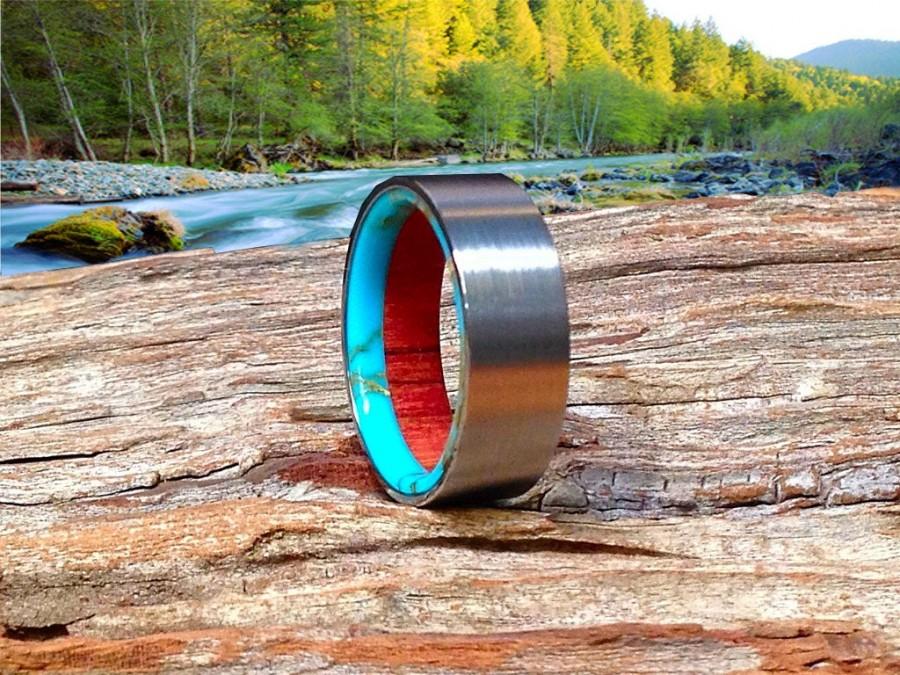 زفاف - Fine Mens Wedding Band, Wood Ring, Turquoise Ring, Titanium Wedding Band, Wooden Wedding Ring, Meticulously Handmade - Waterproof!