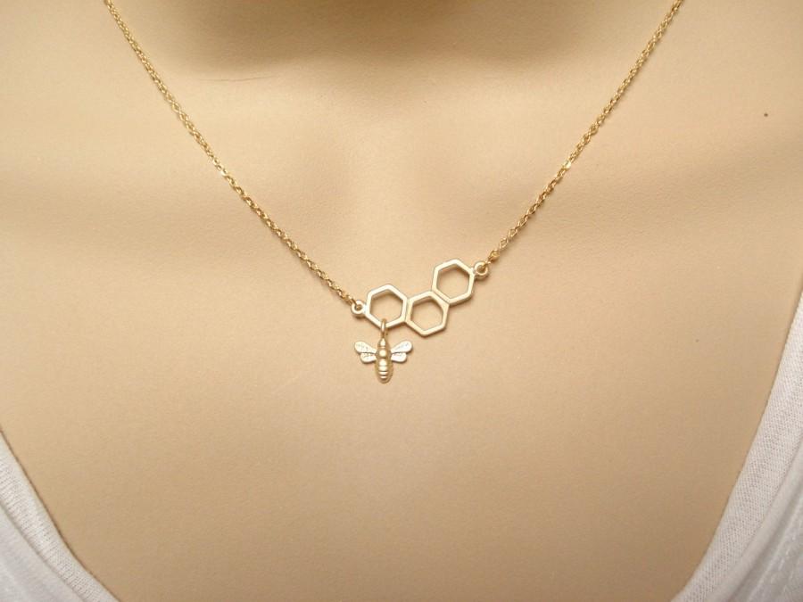 Hochzeit - Gold Beehive necklace...Honeycomb, Honey Bee necklace, simple everyday, wedding, sisters, bridesmaid jewelry