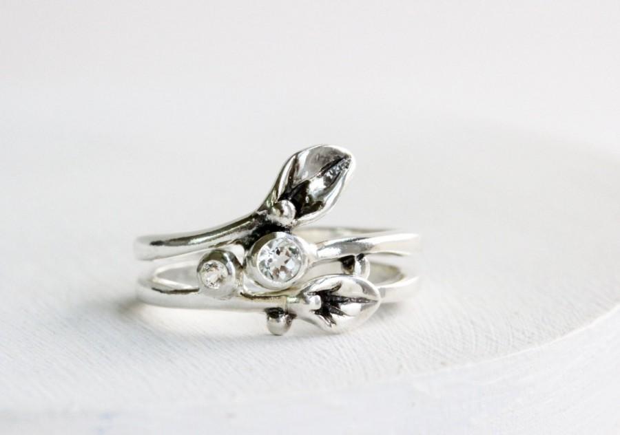 زفاف - White Topaz Leaf Ring Set, Engagement Ring Set, Nature Inspired Handmade Fine Jewelry