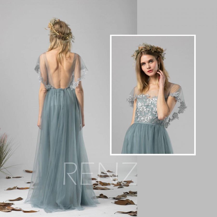 Mariage - Bridesmaid Dress Dusty Blue Tulle Dress Wedding Dress Lace Ruffle Sleeve Party Dress Round Neck Maxi Dress Open Back Evening Dress(LS408)