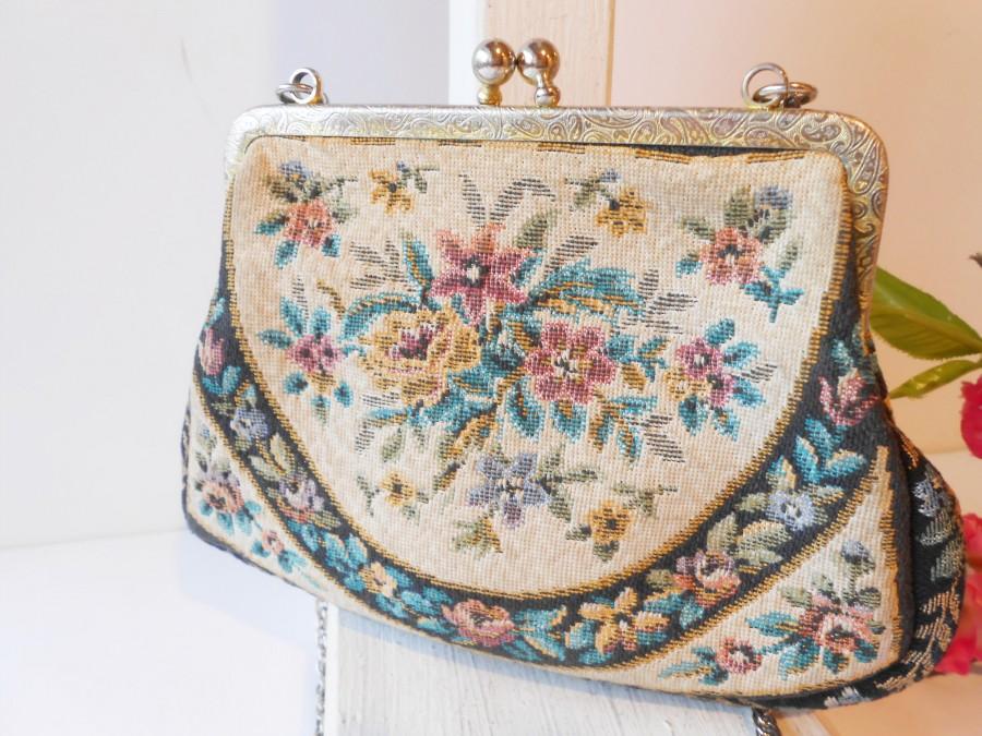 زفاف - Vintage 1950s Tapestry Evening Bag, Made West Germany Tapestry Handbag EB-0510