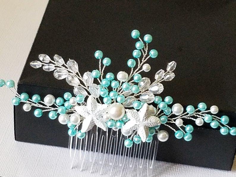 Hochzeit - Mint Pearl Bridal Hair Comb, Turquoise Starfish Hair Piece, Aqua Mint Nautical Hair Jewelry, Beach Wedding Headpiece, Mint White Pearl Comb